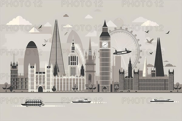 Illustration of city landmarks and silhouettes in grayscale, symbolizing urban travel, illustration, AI generated