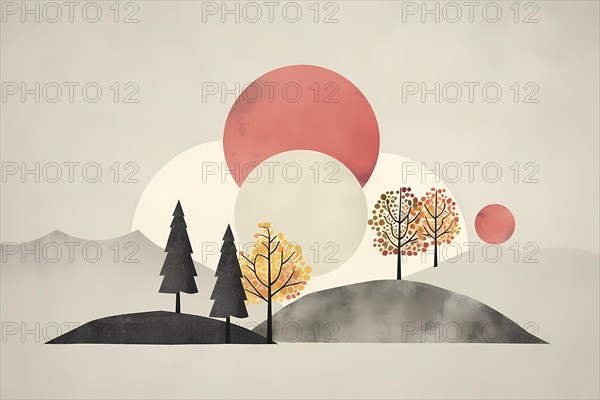 Serene abstract scenery with stylized trees and mountains in pastel tones, illustration, AI generated