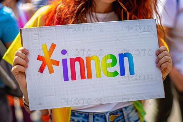 Woman holding up sign with colorful text saying *innen, a suffix used for gender neutral language in Germany. KI generiert, generiert, AI generated