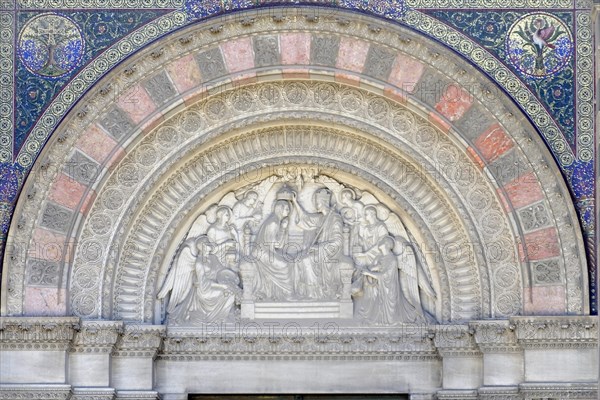 Marseille Cathedral or Cathedrale Sainte-Marie-Majeure de Marseille, 1852-1896, Marseille, Detailed view of the ornately decorated portal of a basilica with relief and mosaic, Marseille, Departement Bouches-du-Rhone, Region Provence-Alpes-Cote d'Azur, France, Europe