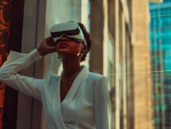 A woman in stylish attire with a VR headset touches her sunglasses, cityscape in the background, AI generated