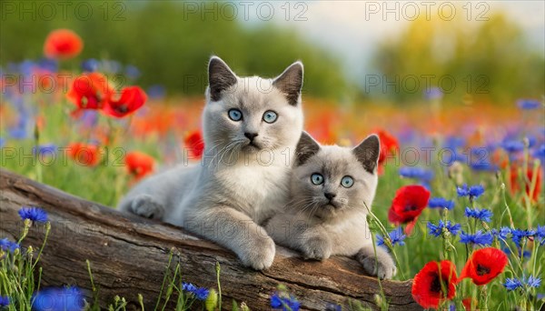 KI generated, animal, animals, mammal, mammals, cat, felidae (Felis catus), a cat and a kitten resting in a meadow with colourful flowers