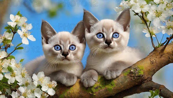 KI generated, animal, animals, mammal, mammals, cat, felidae (Felis catus), two kittens resting in a fruit tree, tree blossom, spring, summer