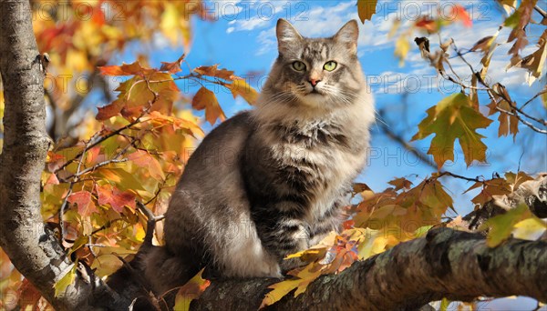 AI generated, animal, animals, mammal, mammals, cat, felidae (Felis catus), a colourful American Forest Cat, sitting in a tree, autumn, autumn leaves