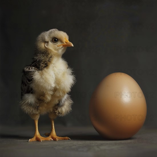 Small chick on a wooden surface next to a large egg with an innocent look, AI generated