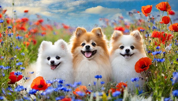 KI generate, animal, animals, mammal, mammals, dwarf spitz, Spitz, (Canis lupus familiaris), dog, dogs, bitch, Pomeranians, a bitch and two puppies sitting in a meadow with poppies and cornflowers