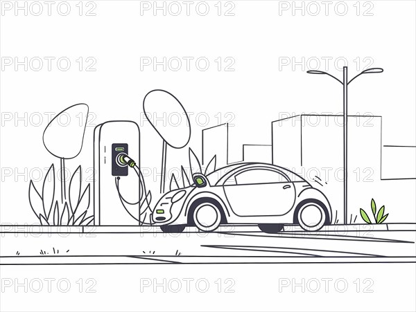 Monochrome line art of an electric car charging near a cityscape with plants, illustration, AI generated