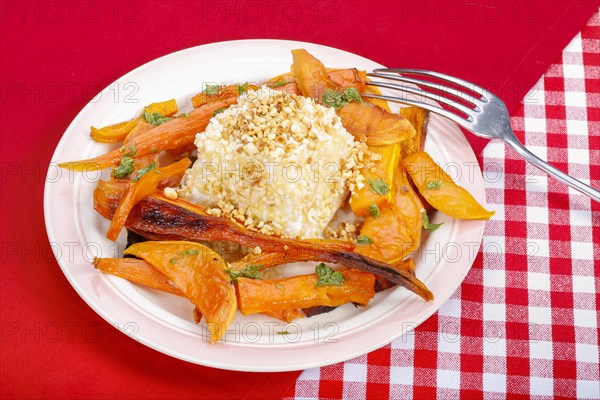 South German cuisine, butternut squash, butternut squash, baked squash with goat's cheese, cheese in a nut crust, nut coating, vegetables cut on a plate, fork, oven vegetables, pumpkin, fruit vegetables, fruit, carrots, celery, healthy cooking, vegetarian, autumn cuisine, pumpkin dishes, food, studio, Germany, Europe