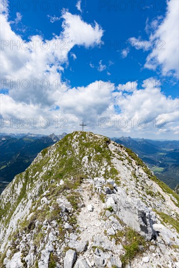Panorama from the Saeuling, 2047m, on Reutte in Tyrol, Austria, and Fuessen, Ostallgaeu, Bavaria, Germany, Europe