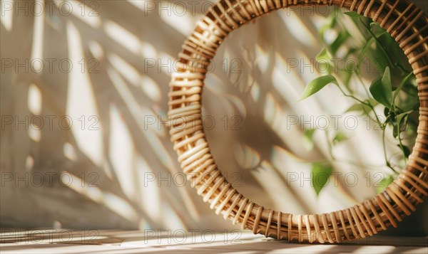 Delicate rattan frame on minimalistic natural material flat background, space for text AI generated
