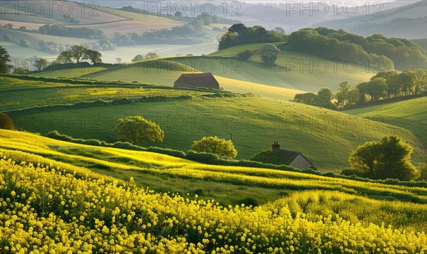 A picturesque countryside scene with rolling hills blanketed in vibrant yellow rapeseed flowers, spring nature, fields and meadows AI generated