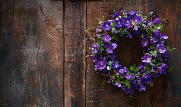 Bellflower wreath on a wooden door AI generated