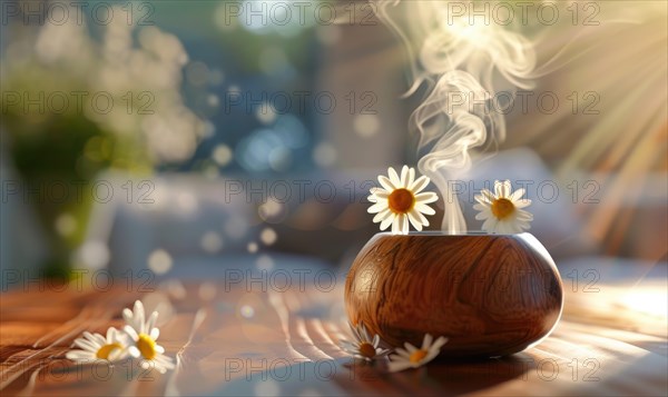 Chamomile essential oil diffuser in a cozy room, aromatherapy AI generated