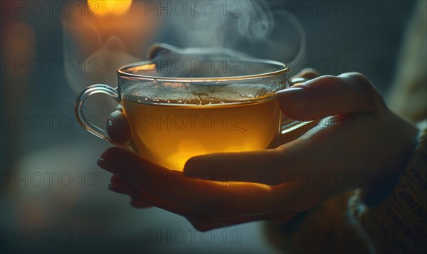 Hands holding a cup of steaming tea, close up view AI generated