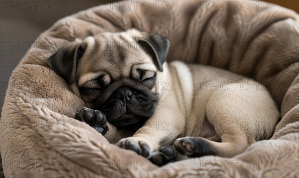 Sleepy pug puppy curled up in a soft bed AI generated