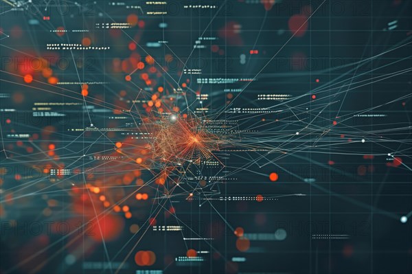 A captivating visualization of complex data, depicted as interconnected lines and nodes, illuminated by glowing particles against a dark backdrop, symbolizing network and information flow, AI generated