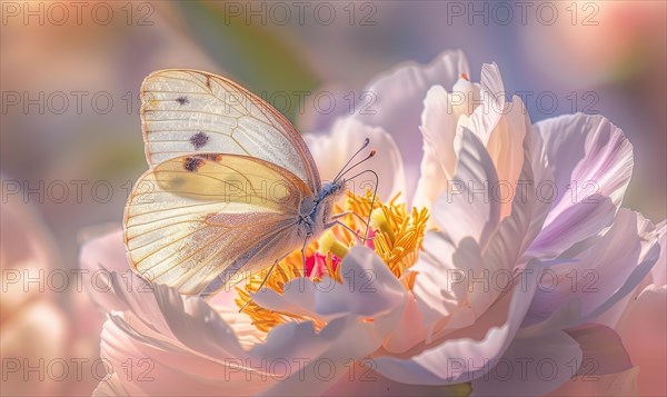 Close-up of a peony flower with a butterfly resting on its petals AI generated