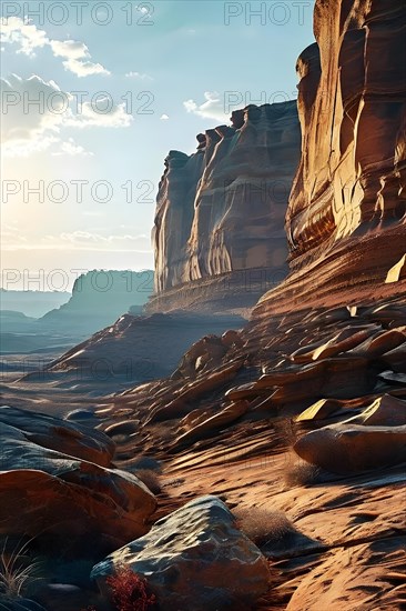 Erosion carved deep canyon and dramatic rock formations in the colorado plateau, AI generated