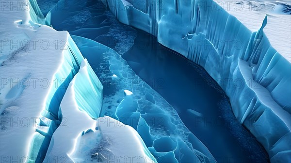 Glaciers crevasse from an aerial top down view with deep blue hues echoing the glaciers dynamic, AI generated