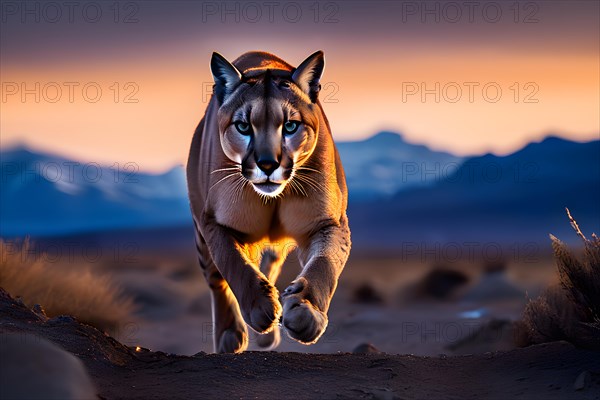 Puma perched atop a rugged rocky outcrop surveilling vast arid expanse of atacama desert, AI generated