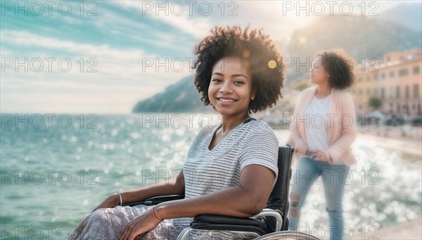 Content woman in a wheelchair by the seaside with daylight casting a relaxed atmosphere, AI generated