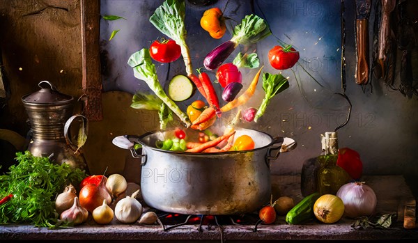 Various vegetables floating in the air above a cooking pot, various fresh vegetables next to it, in a rustic setting, AI generated, AI generated