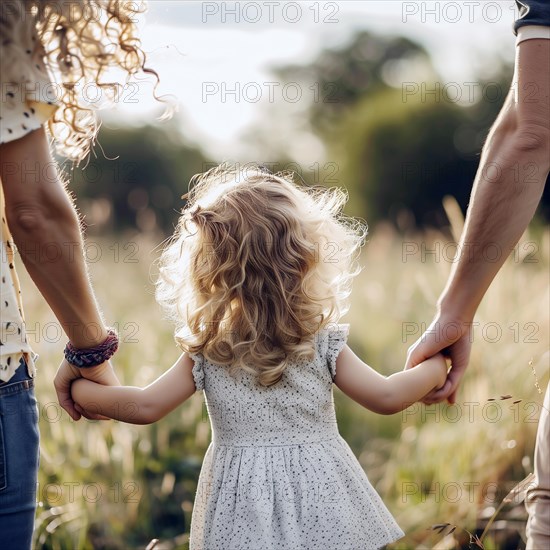 A child holds the hands of two adults, rear view against the light of a sunset, AI generated