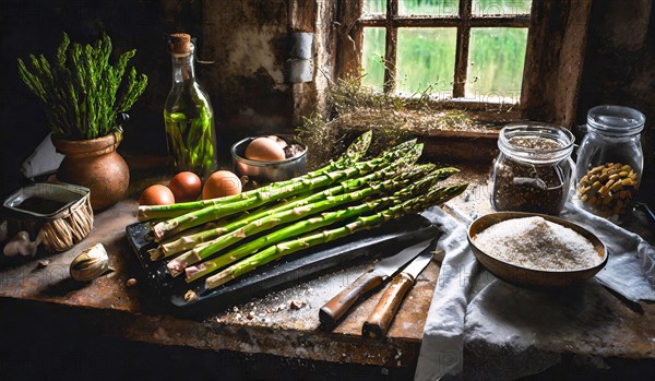 Green asparagus in a rustic farmhouse kitchen, AI generated, AI generated