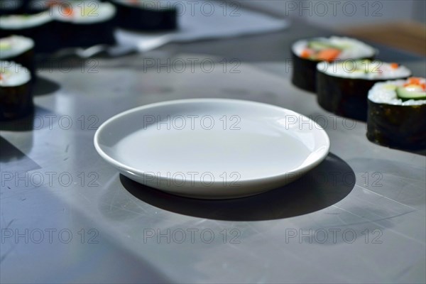 Minimalist setup with an empty white plate on a black surface ready for sushi preparation, AI generated