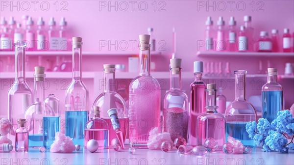 Assortment of laboratory glassware filled with colorful liquids on a pink background, ai generated, AI generated
