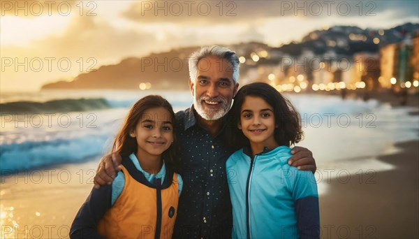 Hindu grandpa man spending time with two young girls at the beach during a colorful sunrise, AI generated