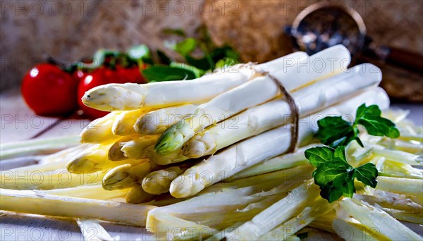 Naturally staged white asparagus, rustic cut, with cherry tomatoes and herbs, fresh white asparagus, KI generated, AI generated