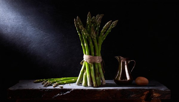 Green asparagus stands in front of a pot and an egg on a rustic background, fresh green asparagus, KI generated, AI generated
