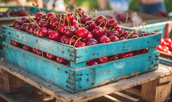 Ripe cherries displayed in a vintage fruit crate at a country fair AI generated