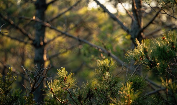 Closeup view on cedar branch in rain drops, bokeh background AI generated