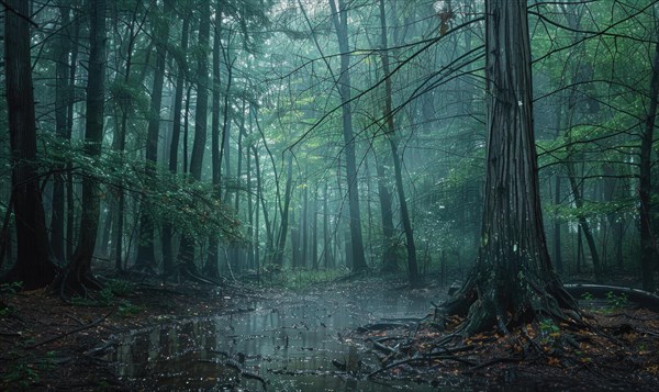 A cedar forest in the rain, nature background AI generated