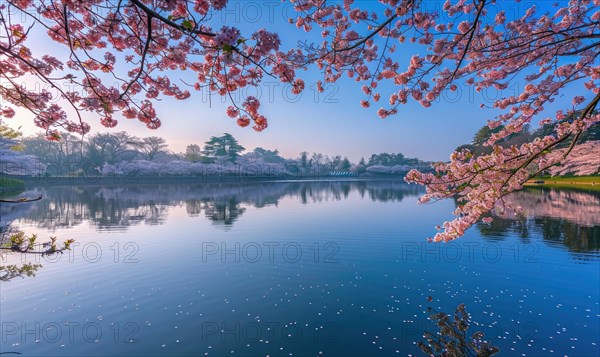 A spring lake surrounded by blooming cherry blossoms AI generated