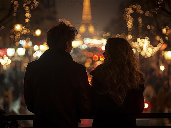 Ein Paar betrachtet den beleuchteten Eiffelturm in einer romantischen Nacht, Lifestyle in Paris, Frankreich, AI generiert, AI generated