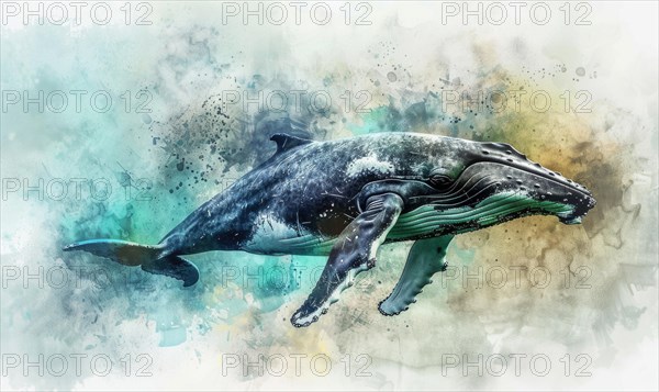 Watercolor illustration of a humpback whale in the ocean AI generated