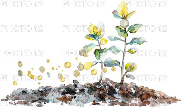 Watercolor tree sprout with coins blossoming instead of flowers AI generated