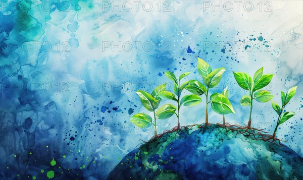 Vibrant watercolor painting of Earth with tree saplings growing on top AI generated