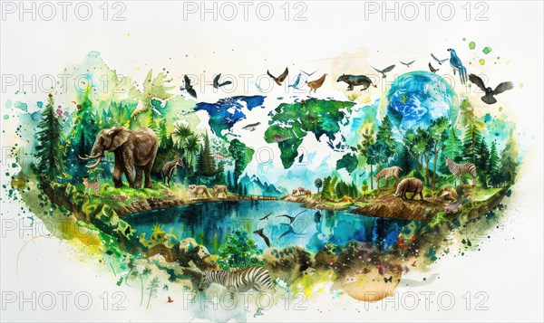Watercolor illustration of Earth with wildlife and forests AI generated