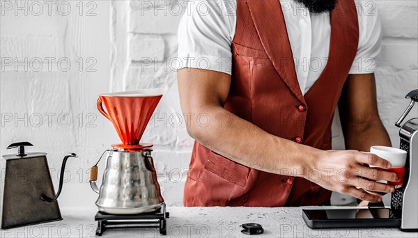 Unrecognizable Barista fashionista in an leather vest and white t-shirt apron brewing pour-over coffee, showing a meticulous preparation process, horizontal, AI generated