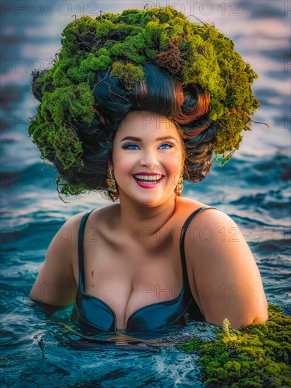 Smiling woman in black bikini with a large mossy hat growing and thriving, creating a mystical and enchanting effect, bathed in sunlight in water, earth day concept, AI generated
