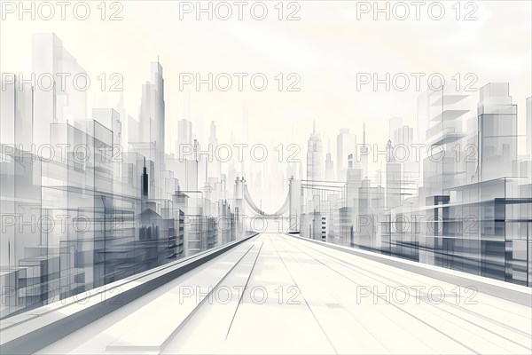 Minimalist urban sketch of a cityscape with a perspective view in faint colors, illustration, AI generated