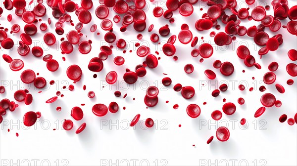 A multitude of red blood cells chaotically scattered on white background, ai generated, AI generated