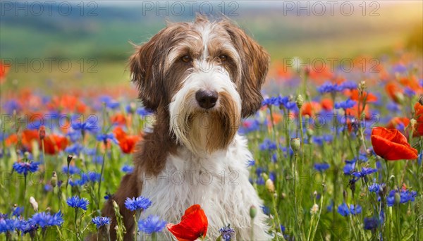 Ai generated, animal, animals, mammal, mammals, a, single animal, bobtail, (Canis lupus familiaris), dog, dogs, bitch, dog breed from England, a single animal, flower meadow