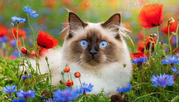 KI generated, animal, animals, mammal, mammals, cat, felidae (Felis catus), a cat lies in a meadow with cornflowers and poppies