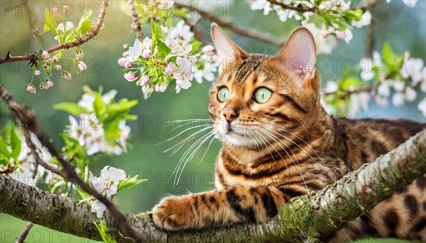 AI generated, animal, animals, mammal, mammals, cat, felidae (Felis catus), a cat resting on a branch in a tree, spring, tree blossom