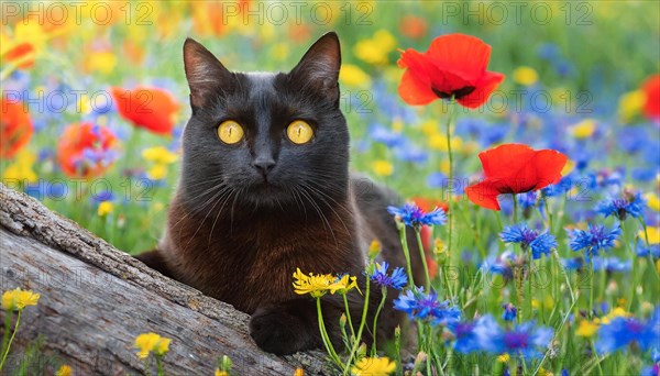 KI generated, animal, animals, mammal, mammals, cat, felidae (Felis catus), lying in a meadow with flowers, cornflowers, poppies